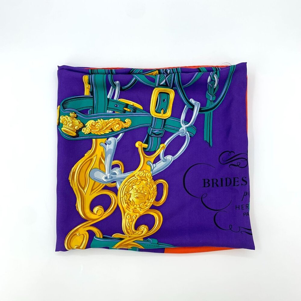 Hermès "Brides De Gala" Silk Scarf Purple & Orange Equestrian Design